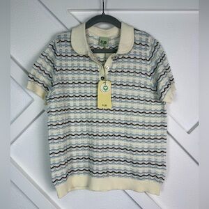 NWT FUB Cream and Blue Stripe Organic Cotton Pointelle Polo Shirt Size 7-8